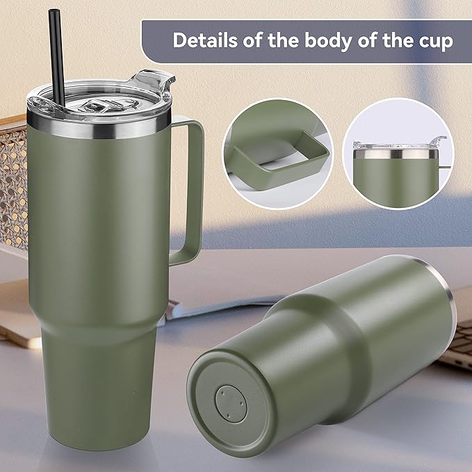 HASLE OUTFITTERS 40 oz Stainless Steel Tumbler with Handle, Vacuum Insulated Tumblers Bulk, Reusable Double Wall Travel Coffee Mug, Durable Powder Coated Water Bottles(Army Green, 8) - Bloomnest