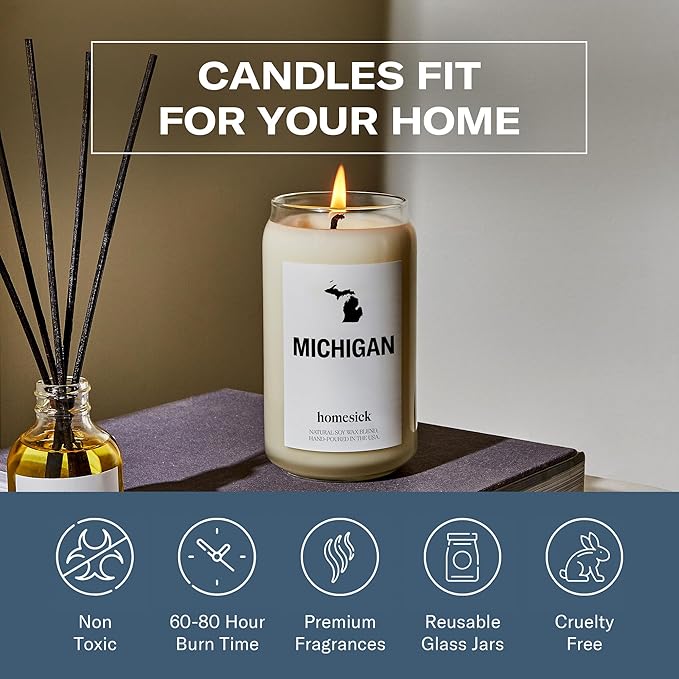 Homesick Scented Candles for Home (Michigan) - 13.75 oz Long-Lasting Soy Wax Jar Candle for Women & Men for All Occasions, 60-80 Hours Burn Time - Notes of Chocolate, Cherry & Lemon - Bloomnest