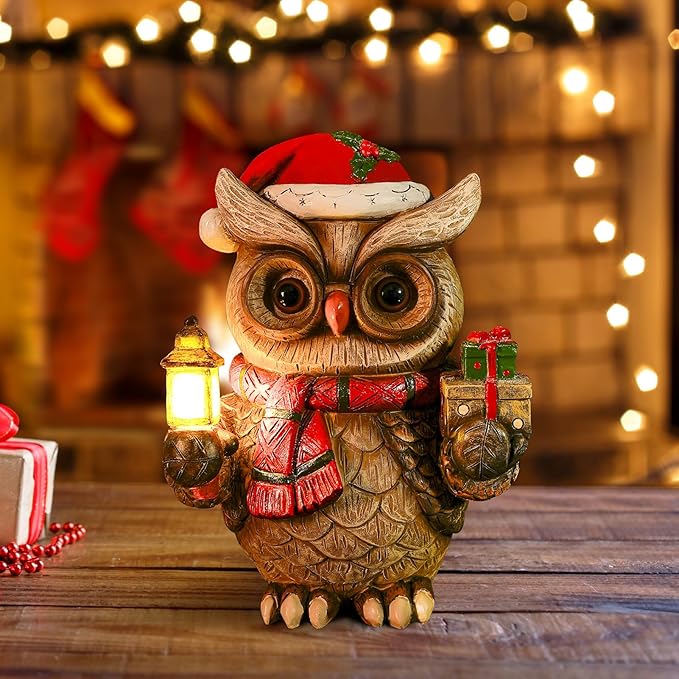 Solar Christmas Owl Decoration Resin Owl Outdoor Statue with LED Lantern for Porch Garden Patio Yard Home Decor Christmas Housewarming Gifts for Women Mom - Bloomnest