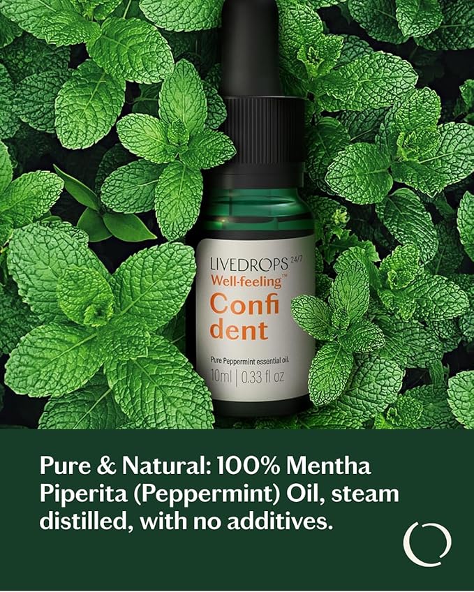LIVEDROPS 24/7 Confident Peppermint Essential Oil, Natural Vegan Aromatherapy for Diffuser or Diluted Skin Use, Cooling Mint Scent, Steam Distilled Made in USA, Clinically Tested, 10ml - Bloomnest