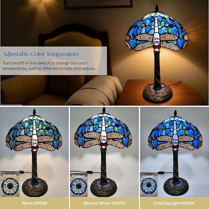 Tiffany-Style Table Lamp, 12" Blue Dragonfly Handmade Stained Glass Lamp Shade, Vintage Reading Light for Bedroom Living Room, LED Bulb Included - Bloomnest