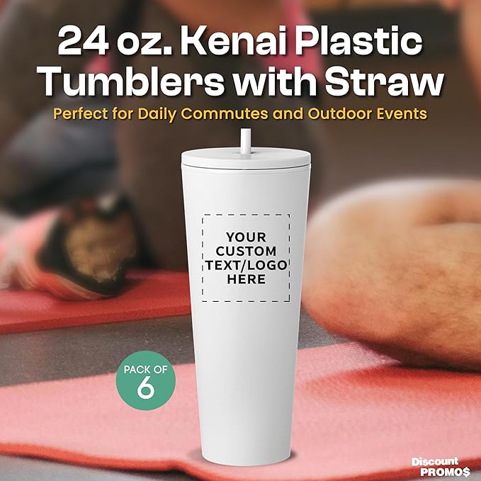 DISCOUNT PROMOS Custom Kenai Plastic Tumblers with Straw 24 oz., Set of 6, Personalized Bulk Pack - Ideal for Busy Professionals, With lids, Ice Coffee Tumbler, To Go Cup, Insulated - White - Bloomnest