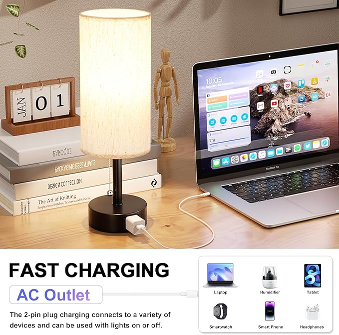 Fenmzee Bedside Table Lamp for Nightstand - 3 Color Temperatures Pull Chain Lamp with AC Outlet Charging Port, Round Night Stand Light for Bedroom Living Room, Small Bed Side Light with E26 LED Bulb - Bloomnest