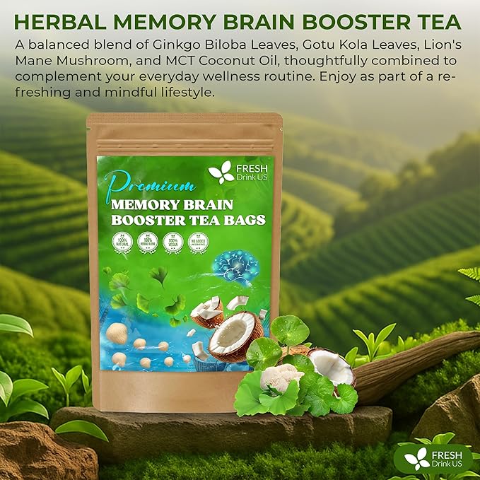 FreshDrinkUS, Memory Brain Booster Herbal Tea – 40 Tea Bags – Ginkgo Biloba, Gotu Kola, Lion's Mane & MCT Coconut Oil – Smooth, Earthy Flavor – Caffeine-Free – Daily Herbal Blend for Anytime Use - Bloomnest