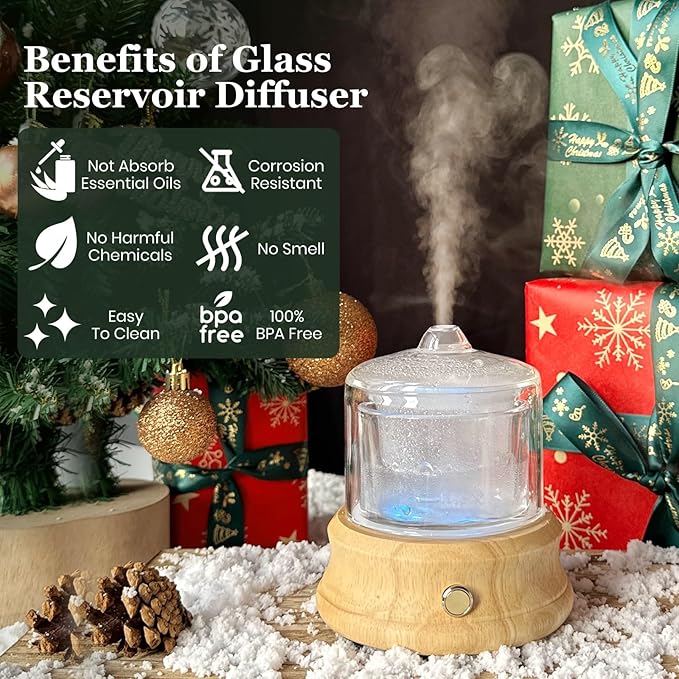 80ML Glass Essential Oil Diffuser with Glass Reservoir & Wood Base, Small Ultrasonic Aroma Diffusers with Auto-Off 7 Color for Home Office Bedroom Yoga