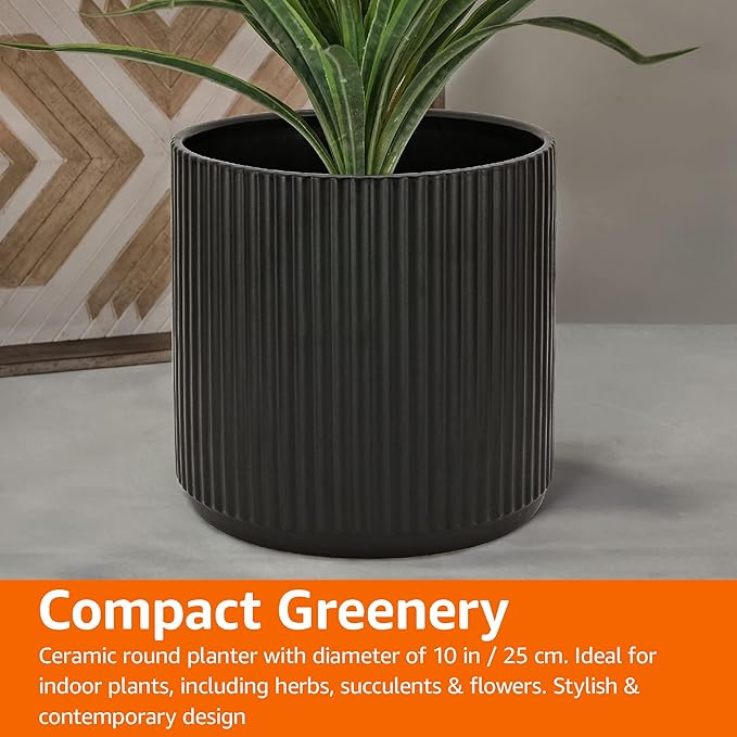 Amazon Basics Fluted Ceramic Round Planter, 10-inch, Black - Bloomnest