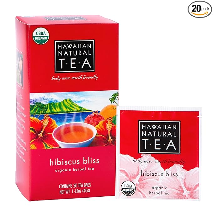 Hawaiian Natural Tea - Organic Hibiscus Bliss Herbal Tea, Caffeine-Free Hibiscus, All-Natural and Antioxidant-Rich Wellness Tea, Vegan and Keto-Friendly, 20 Bags - Bloomnest