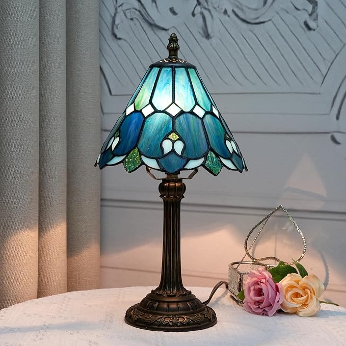 8 Inch Tiffany Style Colorful Lamp, Blue Green Umbrella Retro Design Bedside Lamp, Suitable for Bedroom, Dormitory Cafe and Other Home Art Decoration - Bloomnest