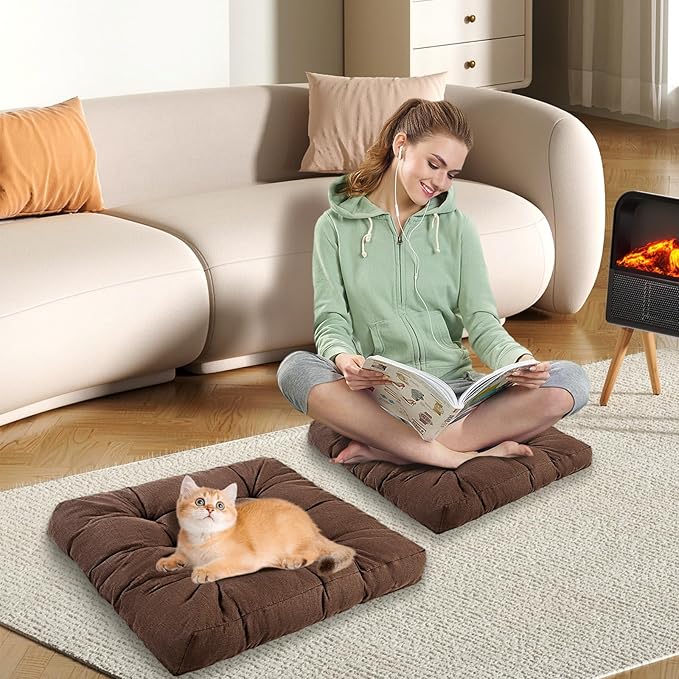 Meditation Floor Cushions Set of 2, Thickened Floor Pillow for Adults, Large Square Pillows Seat Cushion for Tatami Living Room Yoga, Memory Sponge Block Added, 22x22 Inch, Brown