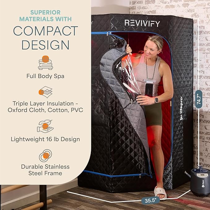 LifePro Revivify Deluxe Sauna with Red Light Therapy – Full Body Steam Room with 2.6L Steamer, Adjustable Heat Levels & Essential Oils – Easy-to-Use Portable Infrared Sauna for Home Lifepro