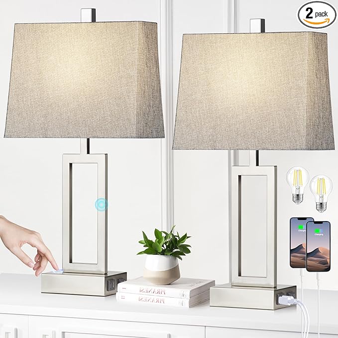 23.5" Touch Control Table Lamps, Metal Bedside Lamp for Bedroom Set of 2 with USB A+C Ports & AC Outlet, 3-Way Dimmable Nightstand Lamp for Living Room (LED Bulb Included) - Bloomnest