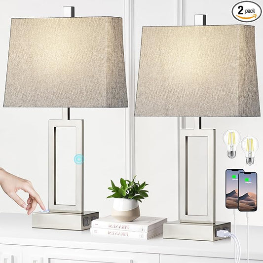 23.5" Touch Control Table Lamps, Metal Bedside Lamp for Bedroom Set of 2 with USB A+C Ports & AC Outlet, 3-Way Dimmable Nightstand Lamp for Living Room (LED Bulb Included) - Bloomnest