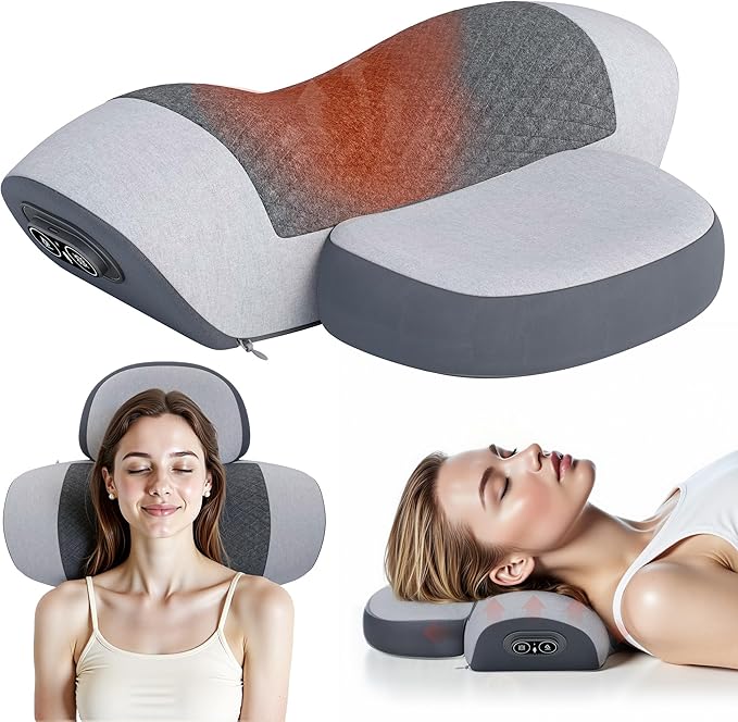 JINXIA Pillow Massage Neck Hump –Fisiorest 3-in-1 Neck Massager Pillow with Heat, Deep Tissue Relief & Neck Traction, Cervical Support & Hump Corrector for Women and Men, Memory Foam Support(Grey)