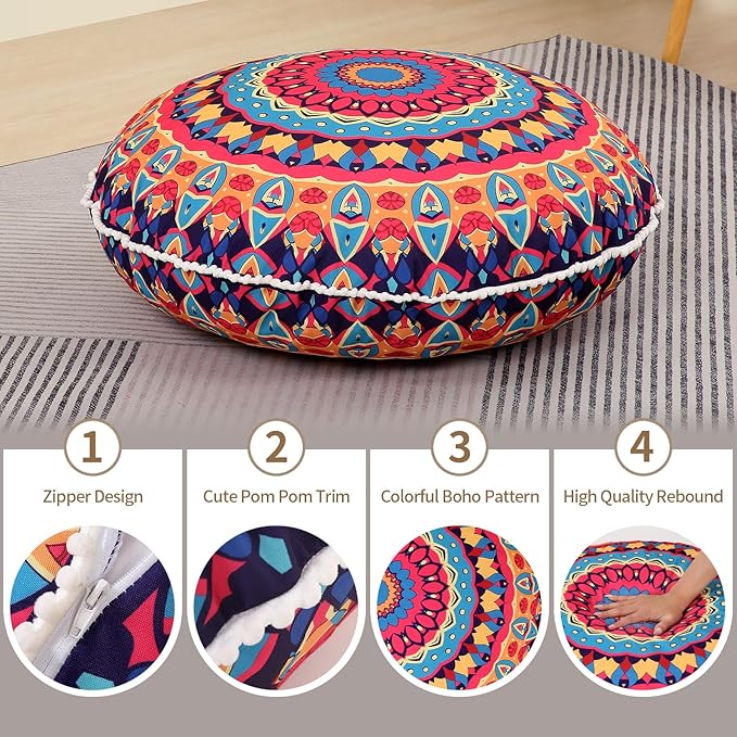 32 inches Meditation Floor Cushion for Adults, Round Large Thick Floor Pillow, Memory Foam Filling, Red - Bloomnest