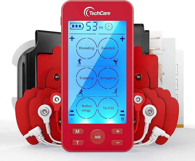 Tens Unit Plus 24 Rechargeable Electronic Pulse Massager Machine Multi Mode Device with All Accessories (Red)