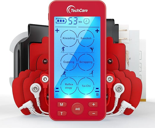 Tens Unit Plus 24 Rechargeable Electronic Pulse Massager Machine Multi Mode Device with All Accessories (Red)
