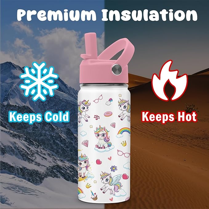 Unicorn Water Bottle, 16oz Unicorn Girls Stainless Steel Insulated Water Bottle with Straw Lid, Unicorns Cup Tumbler Birthday Gifts for Kids Teen Girls School - Bloomnest
