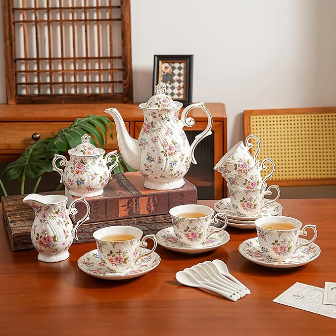 Tea Set 21-Piece Ceramic tea cups and saucers set of 6 with Sugar and Creamer Set,Teapot,teapot set for Adults, Women Tea Party (small crushed flower) - Bloomnest
