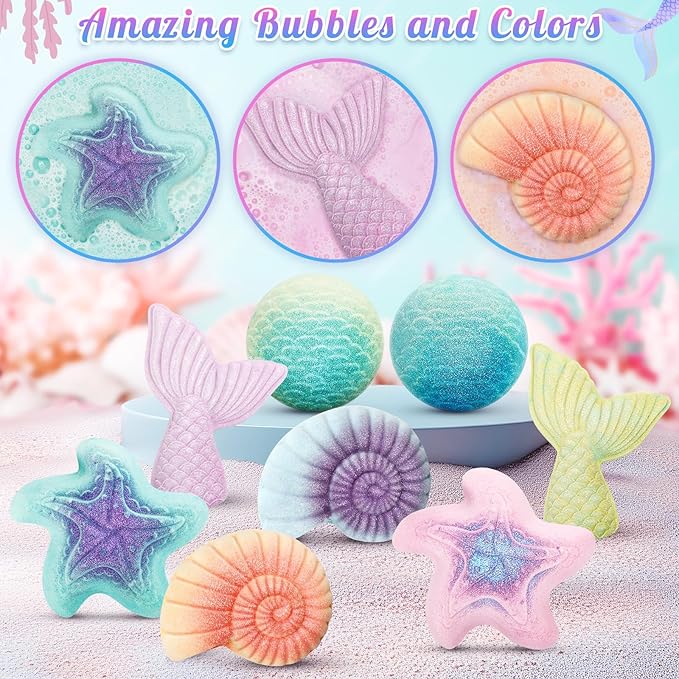 Mermaid Bath Bombs for Kids with Surprise Toys Inside, 8 Pcs Organic Natural Bubble Bath Bombs for Girls,Christmas Birthday Gift for 3 4 5 6 7 8 Year Old Girl,Princess Bath Bomb Kit with Mermaid Toys - Bloomnest