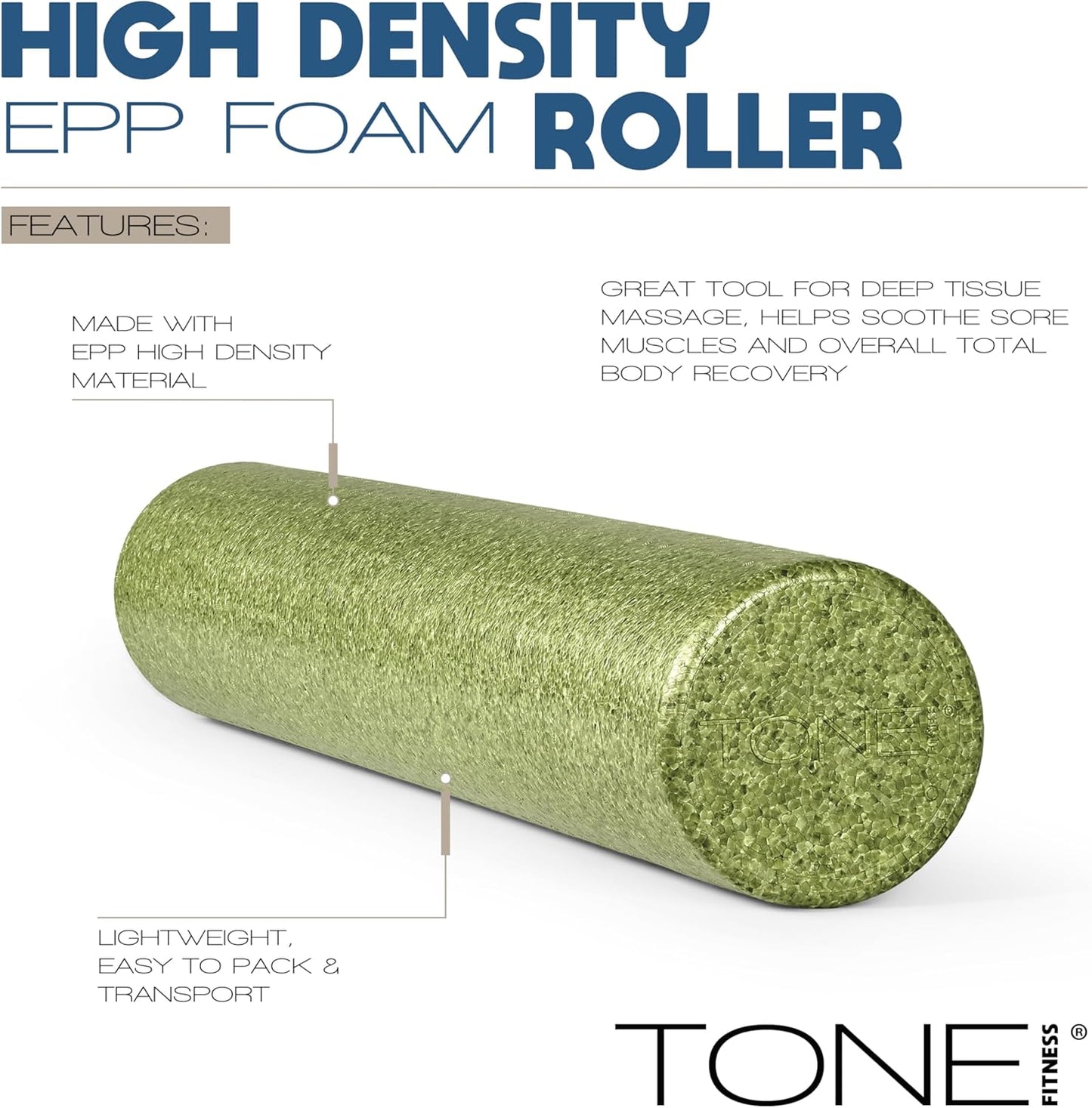 Tone Fitness High Density EPP Foam Exercise Foam Roller for Yoga, Pilates, Stretching, Massage, and Recovery | Multiple Sizes and Colors