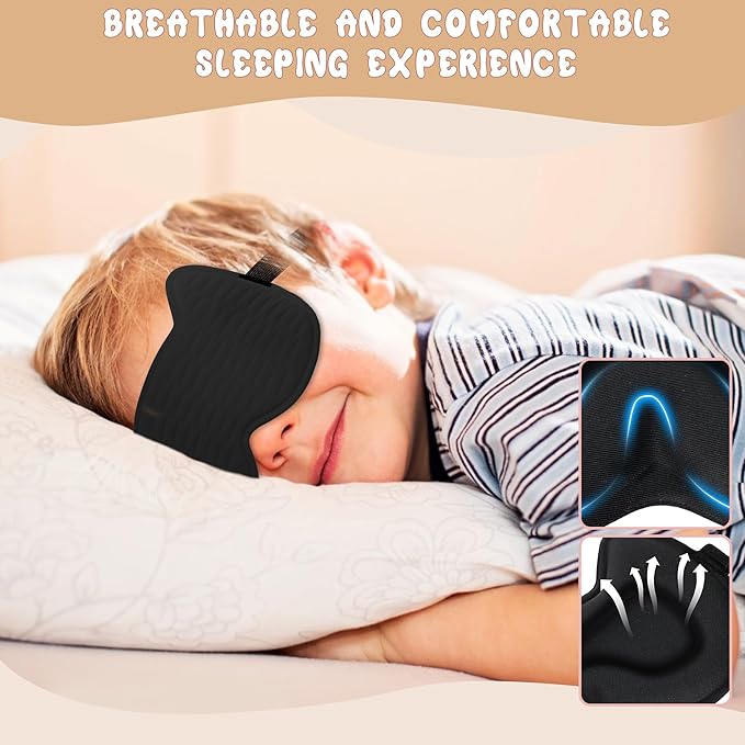 Kids Sleep Mask Eye Mask: 3D Contoured Cup Sleeping Masks, Blindfold with Adjustable Strap, Kids Eye Cover for Boys, Girls, Teens, Pressure-Free with Memory Foam Face Mask for Sleeping (Black) - Bloomnest