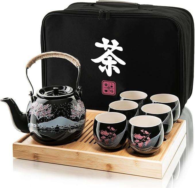 Traditional Japanese Tea Set - Ceramic Tea Set with Teapot, 6 Tea Cups, 1 Bamboo Tea Tray & Storage Gift Bag for Travel, Home or Outdoor, Tea Sets for Adults with Teapot and Tray, Men or Women | 茶具 - Bloomnest
