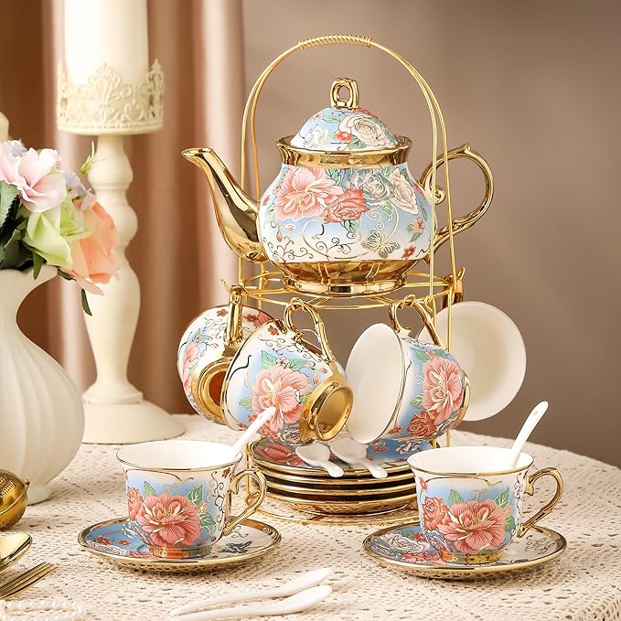 20 Pieces Porcelain Tea Set With Metal Holder, European Ceramic tea set for adults,Flower Tea Set,Tea Set For Women With Flower Painting (VIVID BLUE, Largr Vision) - Bloomnest