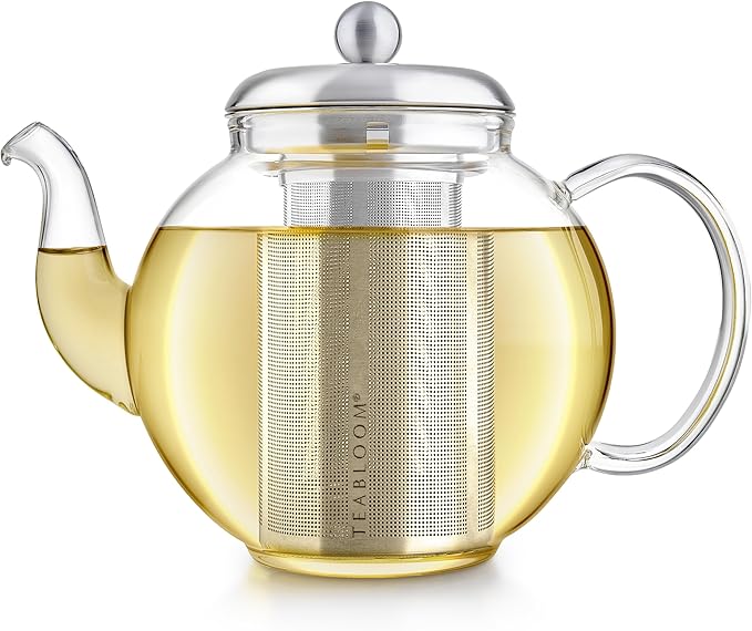 Teabloom Heritage Borosilicate Glass Teapot – 40 oz Classic Round Design with Stainless Steel Infuser – Stovetop Safe, Drip-Free Spout, Durable Heat-Resistant Tea Kettle for Loose Leaf or Teabags - Bloomnest