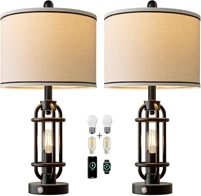 24'' Table Lamps for Living Room Bedroom Set of 2 Industrial Touch Lamp with USB A+C Ports, Night Light Farmhouse Vintage Nightstand Bedside Lamps for Night Stands Metal Black, Bulbs Included - Bloomnest
