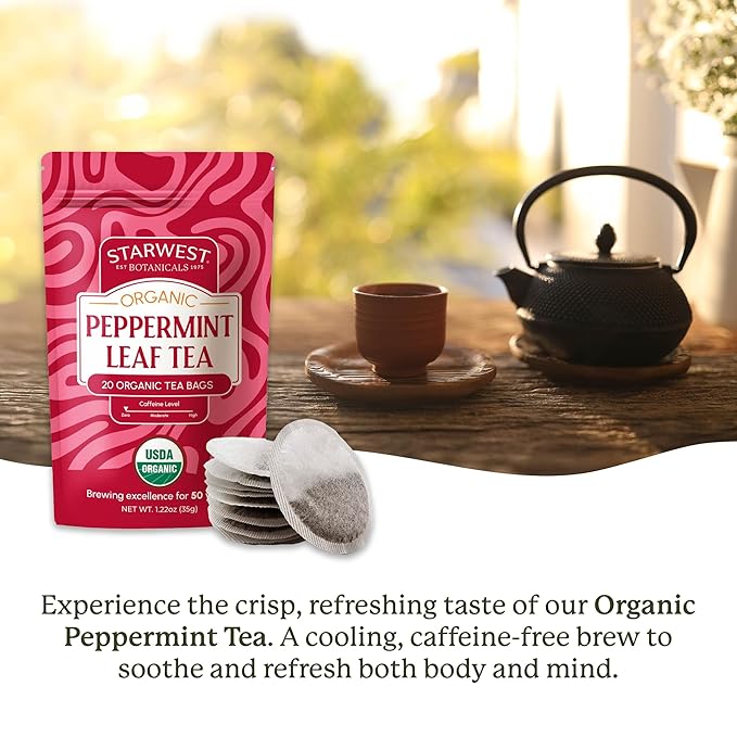 Starwest Botanicals Organic Peppermint Leaf Tea - Caffeine Free Herbal Tea, Supports Digestion, USDA Organic Peppermint Leaf, String Free Sachets, Non GMO - 20 Tea Bags - Bloomnest