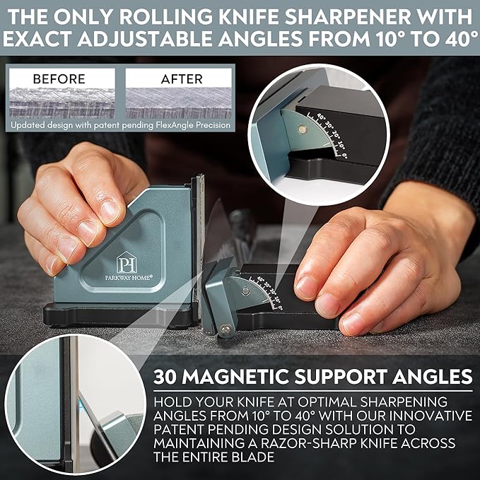 ORIGINAL ADJUSTABLE ROLLING KNIFE SHARPENER KIT: Adjustable Height, 30 Angle Options, 5 Removeable Whetstone Plates, Leather Strop with Travel Case - Kitchen Knife Sharpener - Bloomnest