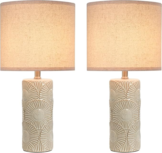20.75" White Ceramic Lamps Set of 2 with Floral Design, Farmhouse White Table Lamp for Living Room, Bedroom, Beige Lamps for Nightstands Set of 2 - Bloomnest