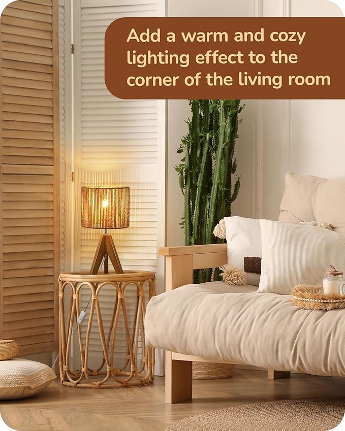 EDISHINE Small Rattan Table Lamp, Wood Tripod Bedside Lamp, Boho Nightstand Lamp for Living Room, End Table, Office, E26 Base, Natural Style - Bloomnest