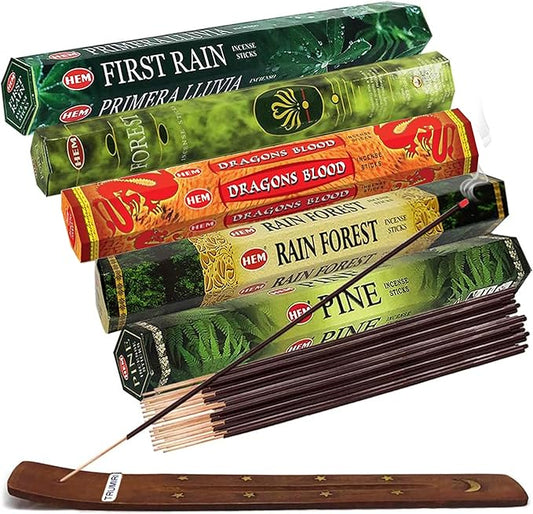 Hem Incense Sticks Variety Pack #12 and Incense Stick Holder Bundle with 5 Forest Themed Fragrances - Bloomnest