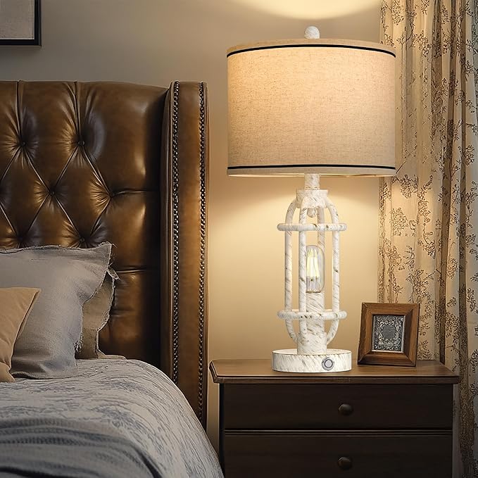 23.75'' Table Lamps Set of 2 for Living Room Bedroom Industrial Farmhouse Metal Touch Lamps with USB A+C Ports, Night Light Vintage Nightstand Bedside Lamp, Bulbs Included, White - Bloomnest