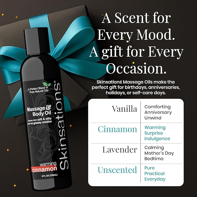 Skinsations - Cinnamon Massage Oil for Massage Therapy - 8oz | Naturally Warming Body Oil for Comfort & Aromatherapy | Sweet Almond, Coconut, Jojoba & Grapeseed Oils - Bloomnest