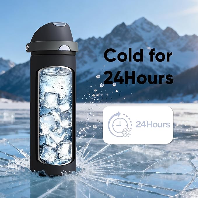 Insulated Water Bottle with Straw - Encool Stainless Steel Water Bottle with Push Button Lid, Leak-Proof & BPA-Free, Keeps Cold for 24 Hours for Sports, Travel, Gym (24 oz, Tuna Grey-Silver) ENCOOL