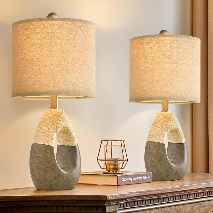 OYEARS 19” Boho Table Lamps Bedroom Living Room Set 2,Suitable for Small Space,Small Farmhouse RattanTable Lamp Rustic Egg Design Resin Light Decoration,Nightstand Bedside Lamps for Office Study Rest - Bloomnest