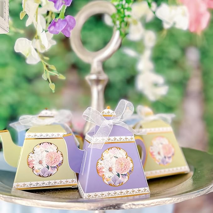 Kate Aspen Vintage Floral Tea Pot Shaped Party Favor Boxes (Set of 24 Assorted Colors) - Weddings Favors, Bridal Showers Brunches, Baby Candy Boxes, Birthday Decorations - Bloomnest