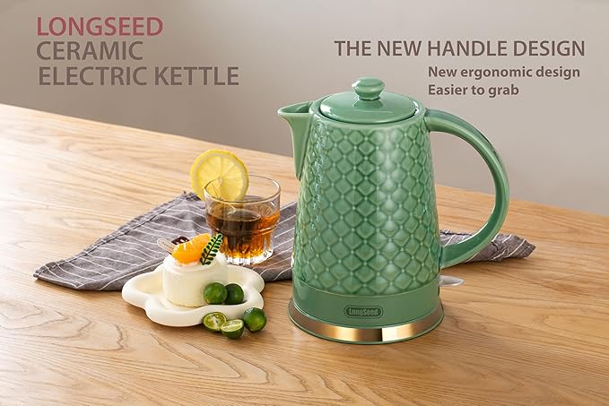 Ceramic Electric Kettle, 1.5L/1200W Boil Water Quickly and Easily with Boil-Dry Protection Auto Shut Off, Detachable Swivel Base, Green Relief Carving - Bloomnest