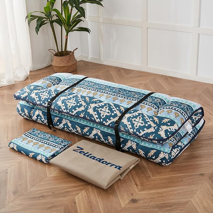 Japanese Floor Mattress, Futon Mattress with Storage Bag and Washable Cover, Roll Up Tatami Mat Suitable for Guest Room (Blue Striped Jacquard, Queen) - Bloomnest