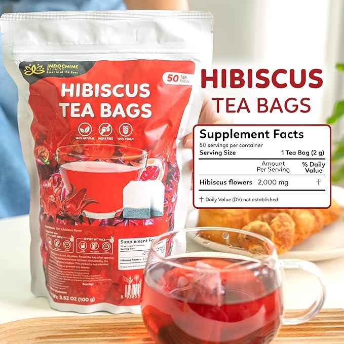 Indochine Blends Hibiscus Tea Bags | 100% Pure Hibiscus Flower | Sugar-Free, Caffeine-Free Herbal Tea | Double Chamber, Individually Wrapped Bags| Rich in Natural Goodness and Flavor | 3.5 oz | 50 Tea Bags - Bloomnest