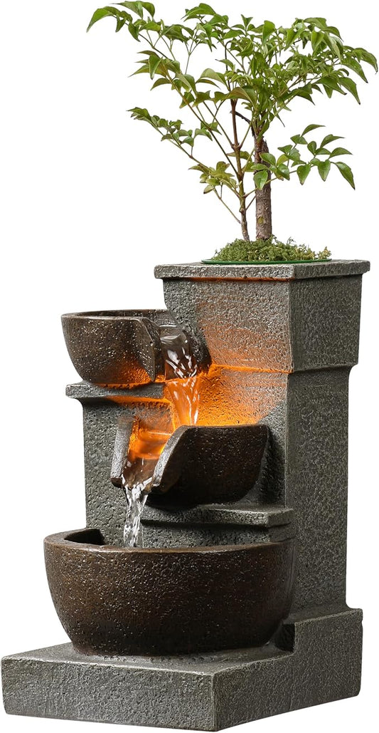 Tabletop Waterfall Fountain, Three Bowls Cascading Indoor Zen Fountain with LED Lights Natural Stones Perfect for Home, Office, Yoga Pump Included（22025N） - Bloomnest