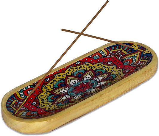 Bless-International Traditional-Handmade-Tray-Burner Wooden-Trat-Incense-Stick-Holder Ash-Catcher-Stand for-Aromatherapy-Meditation-Yoga (Mandala, 11x4x1.22 Inches) - Bloomnest