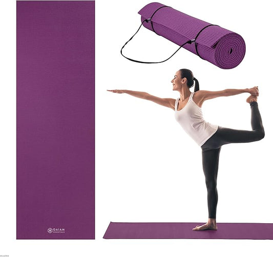 Gaiam Essentials Thick 2/5" (10mm) and Thin 1/4" (6mm) Yoga & Pilates, Fitness & Exercise Mat with Easy-Cinch Carrier Strap