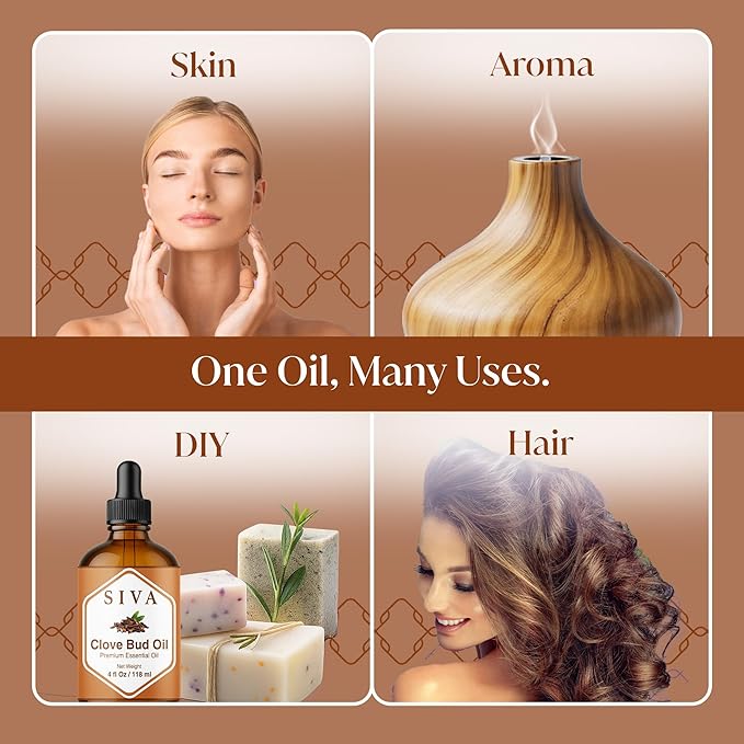 Siva Clove Bud Essential Oil - 4 Fl Oz – 100% Natural Clove Oil - for Diffuser, Face, Skin Care, Aromatherapy, Hair Care, Scalp and Body Massage - with Dropper - Bloomnest