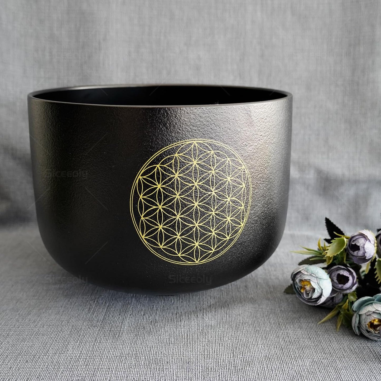 8"B 10"F 12"C Set of 3 Life of Flower Black Singing Bowls Frosted Chakra Quartz Sound Healing Crystal with 1 Mallet Suede 1 Striker 3 O-rings