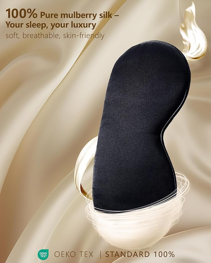 Silk Sleep Mask for Women - Soft Breathable Organic Natural Mulberry Silk Fabric Blackout Eye Mask for Sleeping with Adjustable Straps No Pressure Eye Mask for Travel Essentials Gifts (Black) - Bloomnest