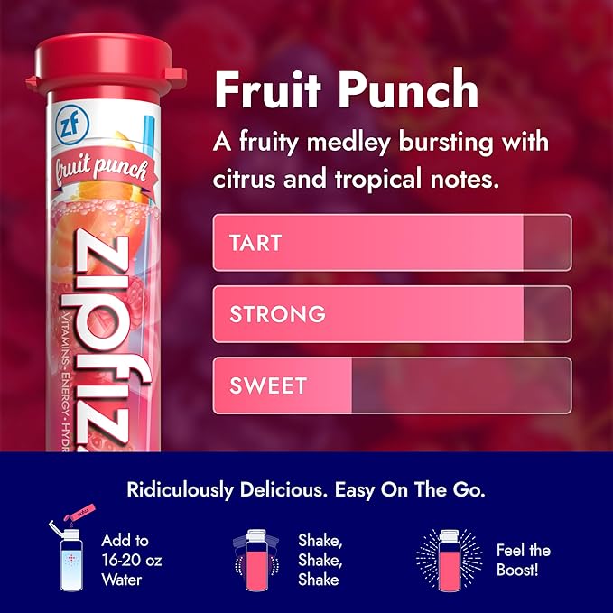 Zipfizz Daily Energy Drink Powder, Fruit Punch, 20 Pack 3-in-1 Sustained Energy, Rapid Hydration, and Essential Vitamins Sugar-Free Electrolyte Powder Contains Vitamin B-12 & Antioxidants - Bloomnest