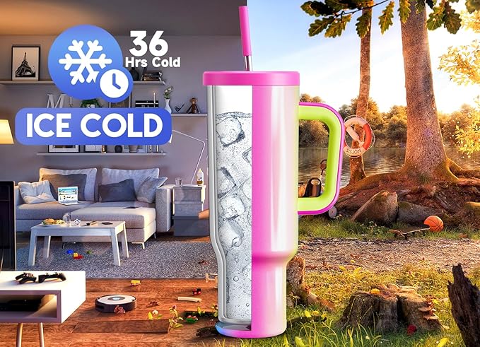Meoky 50 oz Tumbler with Handle, Tumbler with Lid and Straw, Insulated Stainless Steel Travel Mug, 100% Leak-proof, Keeps Cold for 36 Hours or Hot for 12 Hours (Carnival) - Bloomnest